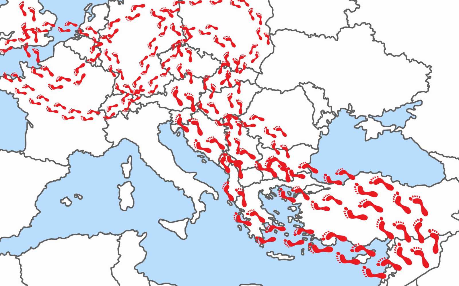 Illustrative map of immigration to the EU from Asia and Africa, map with map with footprints
